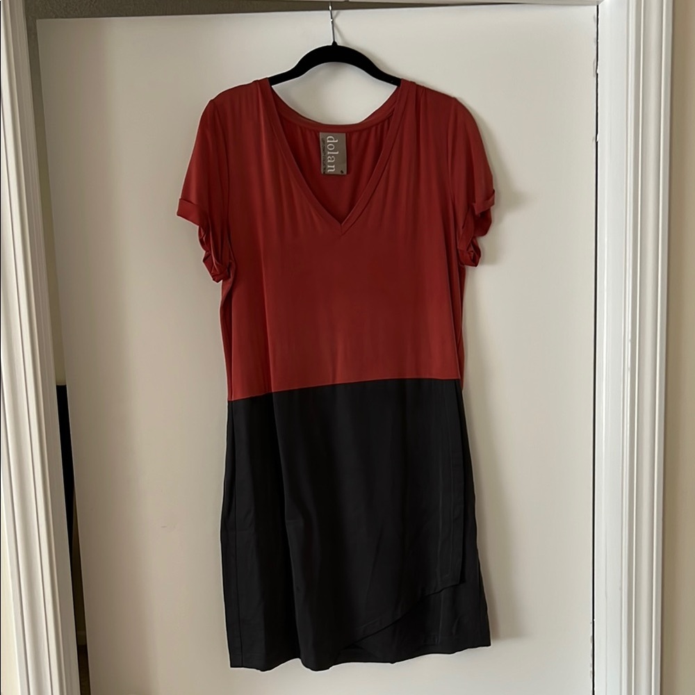 Dolan short sleeve women’s orange and charcoal v-neck mini dress
